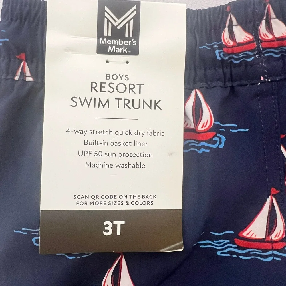 Member's Mark Boys Resort Swim Trunk 3T Navy Sailboat Print UPF 50 Quick Dry
